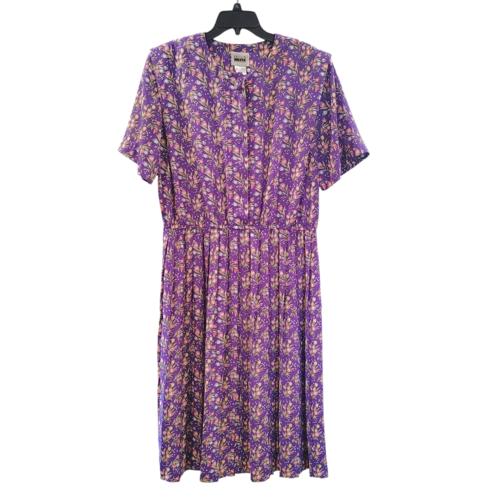 Vintage Leslie Fay 90s Purple Pleated Tulip Flower Midi Dress Women's Size 14